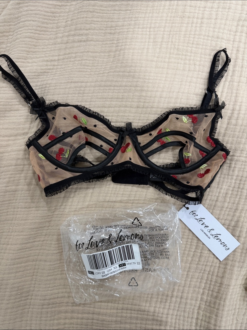 For Love And Lemons Sheer Nude Bra with Cherry Embroidery